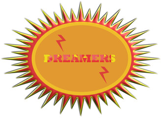 Vibrant orange and red sun-star emblem with 'DREAMERS' text and lightning bolts, isolated on transparent background, ideal for energetic designs, branding, and digital art projects.