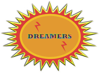 Vibrant multicolored sunburst emblem with 3D rays and 'DREAMERS' text, isolated on transparent background, ideal for energetic branding, motivational designs, digital art, and social media posts.
