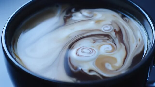 Cream swirls gracefully into a cup of coffee, creating a beautiful pattern against a dark background