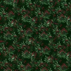 Seamless botanical pattern featuring dark green foliage and clusters of deep red berries. Layered watercolor-style leaves create a lush, natural texture with a rich, forest-like atmosphere.