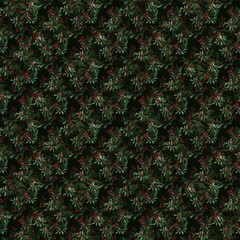 Seamless botanical pattern. dark green foliage and clusters of deep red berries illustration. Layered watercolor-style leaves create a lush, natural texture with a rich, forest-like atmosphere.