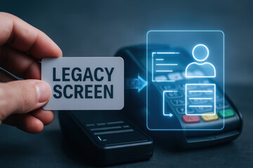 Legacy screen card held near payment terminal symbolizing ai transformation and automation process in business with rpa and robotics technology