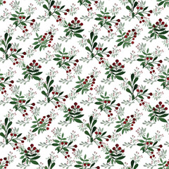 Seamless botanical pattern. Hand drawn illustration of green foliage with deep red berries on white. Layered watercolor-style leaves create a lush, natural texture with a rich, forest-like atmosphere.