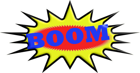 Vibrant yellow, red, and blue comic-style BOOM explosion graphic isolated on transparent background, bold and energetic, ideal for design, branding, social media, and digital art projects.