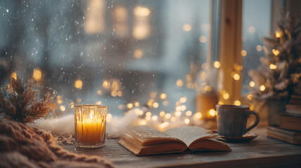 looking out window at falling snow. A lit candle in a glass holder, open book, coffee mug, stack of books are arranged on a wooden windowsill, with warm Christmas lights blurring in the background.