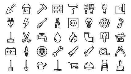 Fototapeta premium Construction and Utility Line Icons – Visual Symbols for Tools, Plumbing, Electrical Work, Home Improvement, Maintenance, and DIY Projects in Black-and-White Grid Format