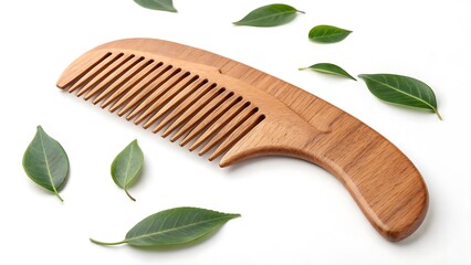 Eco-friendly wooden hair comb with green leaves for hair care