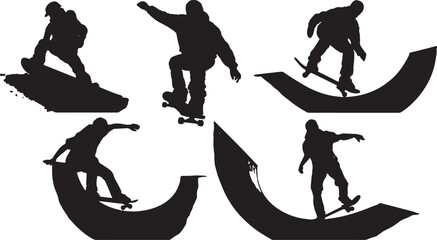Black Solid Bowl Axle Grind and Stalls Silhouettes Set of Six on White Background