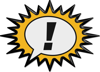 Yellow and black graphic exclamation mark speech bubble isolated on transparent background, bold 3D icon for alerts, branding, digital designs, and notification overlays.