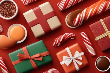 Obraz premium Colorful Christmas gifts, candy canes, and festive treats on a bright red background