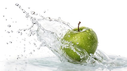 Green apple dropping into clear water creating a dynamic splash