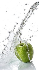 Crisp green apple with refreshing water splash, healthy fruit