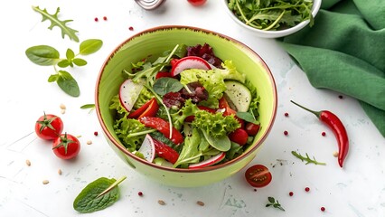 Healthy fresh vibrant green salad bowl with mixed vegetables