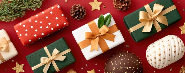 Festive Christmas gift display with colorful wrapped presents on a red background for holiday celebrations