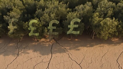Pound Symbols Emerge from Forest Above Cracked Earth, Symbolizing Environmental Finance.