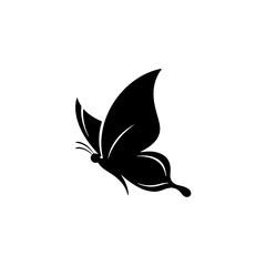 Fototapeta premium Stylized black butterfly silhouette flying with delicate wings, a simple vector graphic design element for elegant nature inspired themes. isolated on transparent background