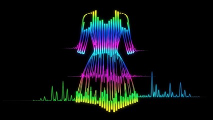 Vibrant Neon Light Dress with Audio Waveform Design on Black Background.