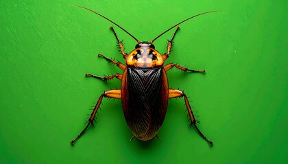 Macro shot of a cockroach against a bright green background, showcasing detailed anatomy and textures
