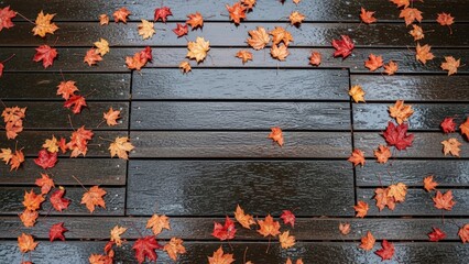 Autumn Leaves Scattered on Wet Wooden Decking After Rain.