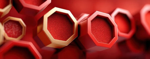 Vibrant red hexagonal shapes in a clustered abstract 3D rendering with textured interiors