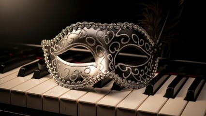 Elegant Silver Masquerade Mask on Piano Keys with Dark Background.