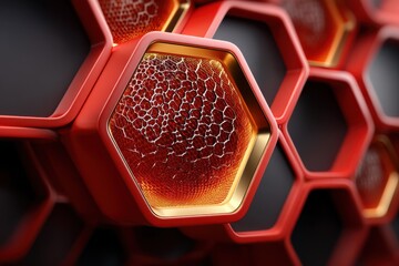 Vibrant red hexagonal pattern 3D rendering with glowing gold rims