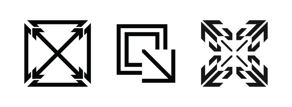 Abstract geometric arrow maze square symbol minimal black vector, scale and expansion arrows icon set. 