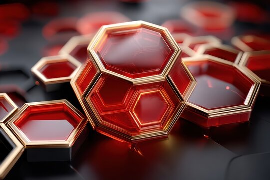 Red hexagonal glass tiles glow on a dark surface in a bold abstract geometric design - Powered by Adobe