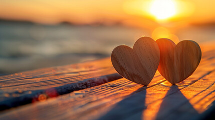 Fototapeta premium Two wooden hearts on the boardwalk at sunset, glowing softly as the sun sets, with calm water shimmering in the background, creating a peaceful, romantic scene.