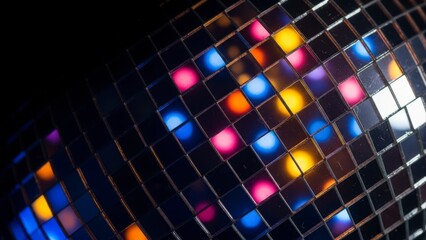 Close-up of a vibrant disco ball reflecting colorful lights in a dark setting, creating a festive atmosphere.