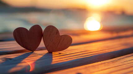 Fototapeta premium Two wooden hearts on the boardwalk at sunset, glowing softly as the sun sets, with calm water shimmering in the background, creating a peaceful, romantic scene.