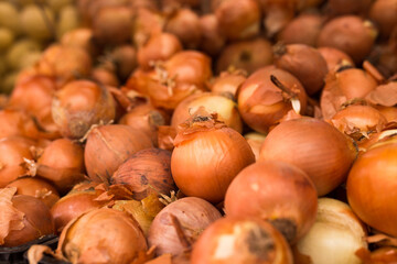 bulb onion in wicker baskets on market counter