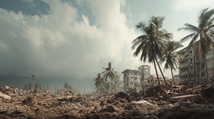 Devastation aftermath in a tropical landscape with crumbling structures