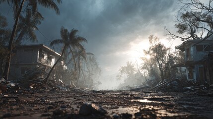 Aftermath of a disaster in a tropical coastal region showcasing devastation