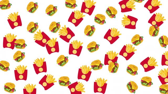Scattered burger and fry pattern great for food blogs, restaurant menus, social media graphics, and fast foodthemed designs.