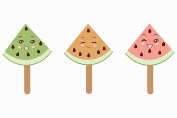 Vector illustration of three adorable watermelon popsicles with expressive faces. Each segment features a unique color and cheerful expression