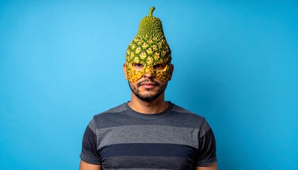 Man with pineapple mask stares forward, wearing striped shirt, against a light blue backdrop