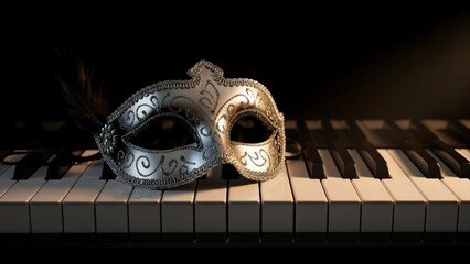 Elegant Silver Masquerade Mask Resting on Piano Keys in Dim Light.