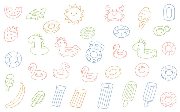 Vector illustration of various colorful inflatable pool toys and summer icons.