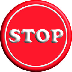 Glossy red stop button with white outline and bold 3D text, isolated on transparent background, ideal for web design, digital interfaces, safety warnings, alerts, and branding elements.