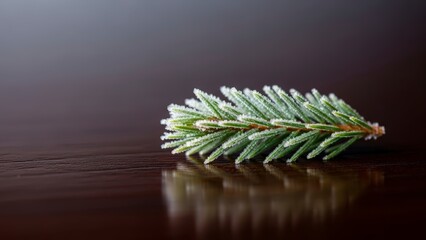 Close-up of a frosted pine branch on a dark wooden surface with reflection.