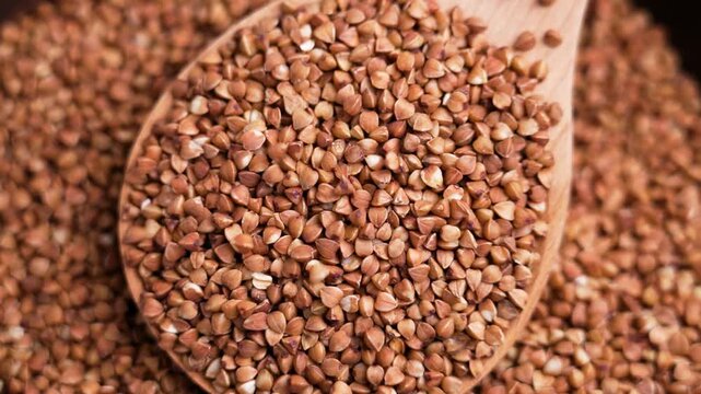 Wooden spoon with falling buckwheat grains. Natural vegan food