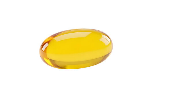 Single glossy amber yellow oval softgel capsule containing oil, isolated PNG with Transparent Background