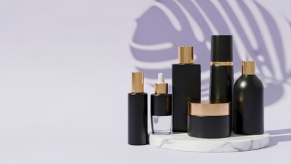 Luxury black and gold cosmetic bottles and jars on white marble pedestals with shadow overlay.