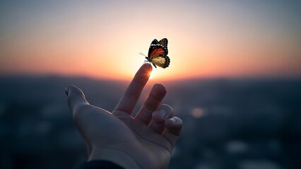 Monarch butterfly balanced on a finger with sunlight streaming through its wings during a cinematic and soft sunset