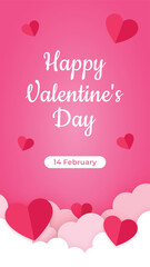 Vertical Happy valentines day template or background with Paper Cut Hearts and Clouds