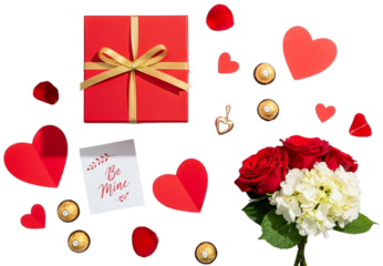Romantic Valentine's Day Gift Flat Lay Collection, Transparent Background