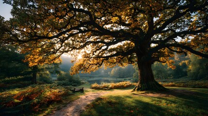 Massive ancient oak tree with golden autumn leaves stands alone in a park, with soft evening light casting long shadows on the grass.
