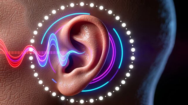A human ear with glowing soundwave and neon circles symbolizing hearing problems and hearing aid tech