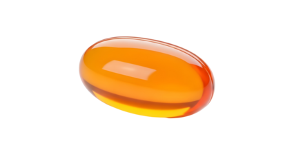 Single orange soft gel capsule isolated on white background for vitamin and health supplements